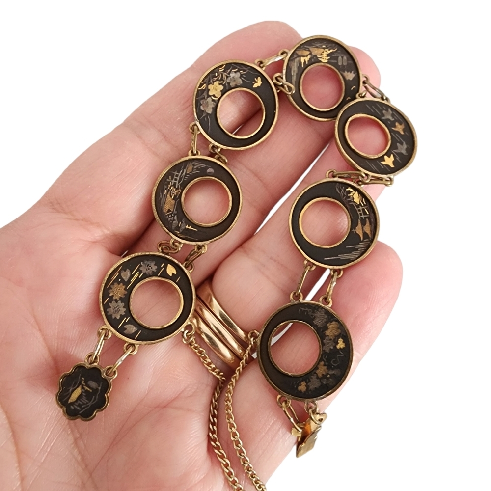 VINTAGE JAPANESE Damascene Bracelet Kyoto Gold Inlay 24K Silver Black Panel RARE - Picture 6 of 16
